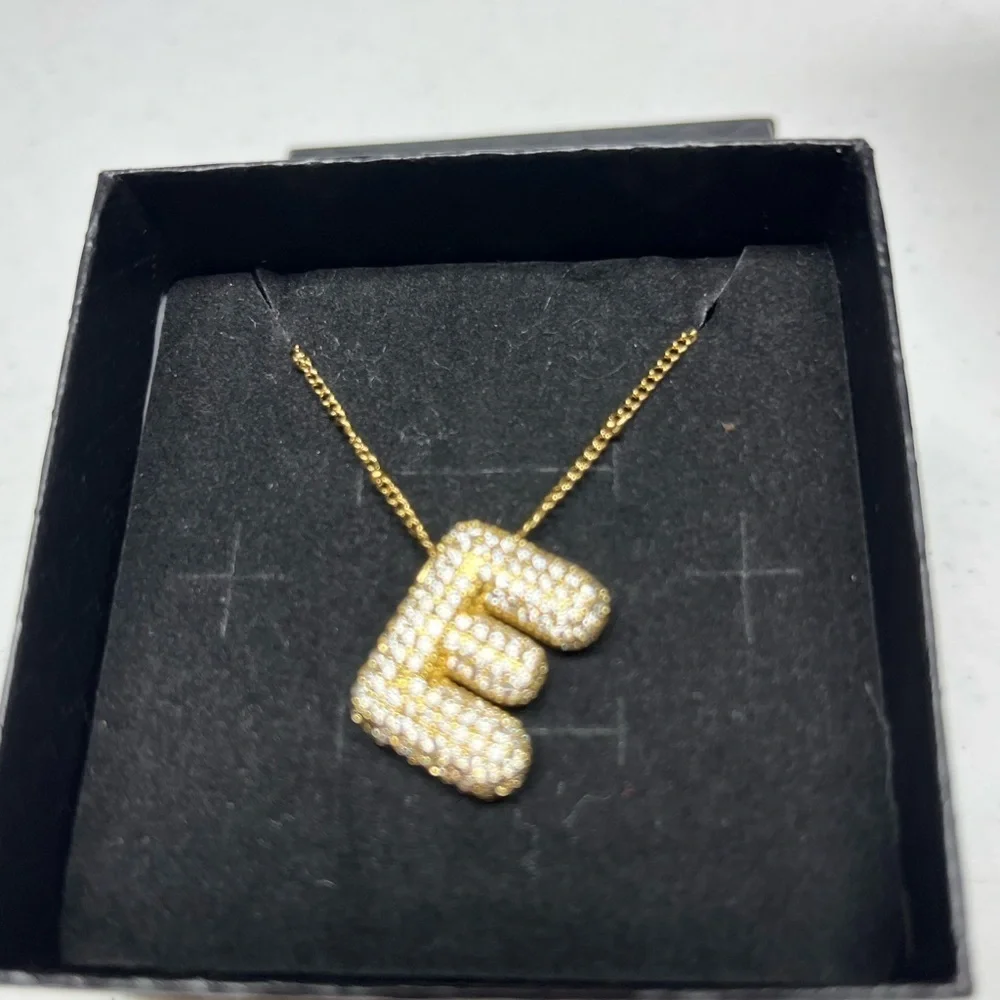 Gold Bubble Initial “E” Pendant Necklace CZ Pave Letter, 18” Chain, NWT